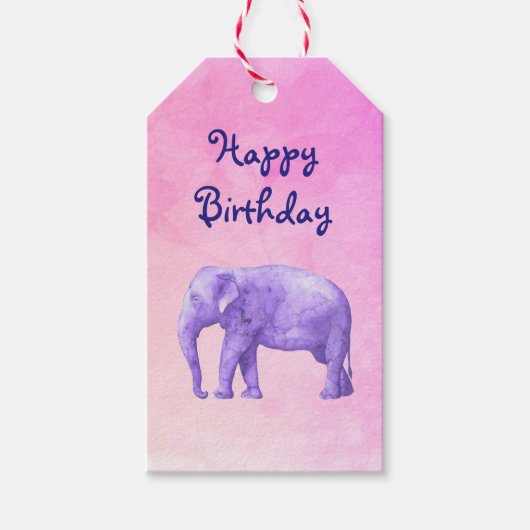 Étiquettes-cadeau Joyeux Anniversaire violet Eléphant sur rose (Devant)