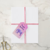 Étiquettes-cadeau Joyeux Anniversaire violet Eléphant sur rose (Avec de la ficelle)