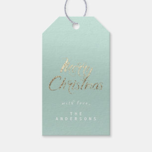Étiquettes-cadeau Joyeux cadeau de Noël pour Script Gold Aqua