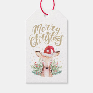 Étiquettes-cadeau Joyeux cerf de Noël à Santa Hat