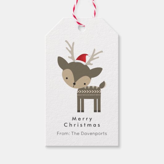 Étiquettes-cadeau Joyeux Cerf De Noël Dans Un Chapeau Rouge (Devant)