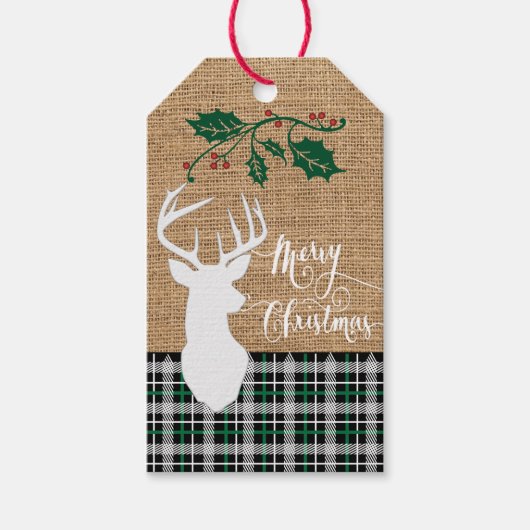 Étiquettes-cadeau Joyeux Cerf de Noël - Vert Plaid (Devant)