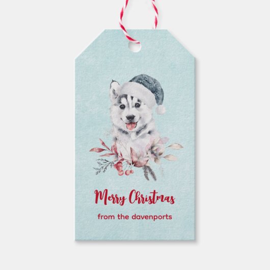 Étiquettes-cadeau Joyeux Chien Husky Noël dans un chapeau de Père No (Devant)