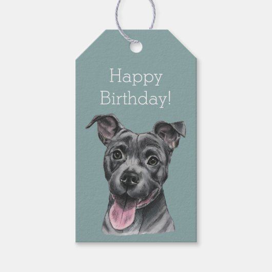 Étiquettes-cadeau Joyeux Chien taureau gris Pit Anniversaire (Devant)