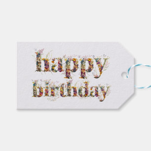 Étiquettes-cadeau Joyeux design de texte d'anniversaire des fleurs s