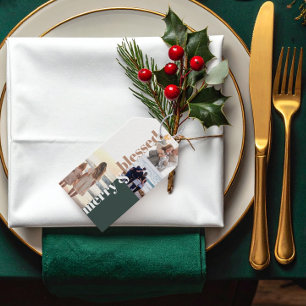Étiquettes-cadeau Joyeux et bienheureux Noël de famille Photo verte