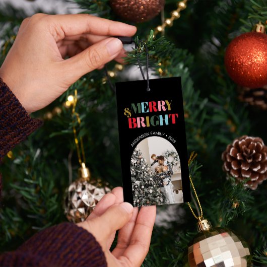 Étiquettes-cadeau Joyeux et brillant coloré RetroChristmas Photo Noi