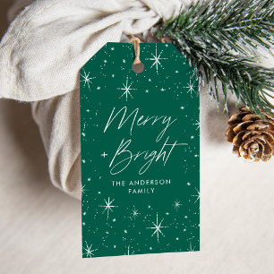 Étiquettes-cadeau Joyeux et lumineux Script Green Holiday