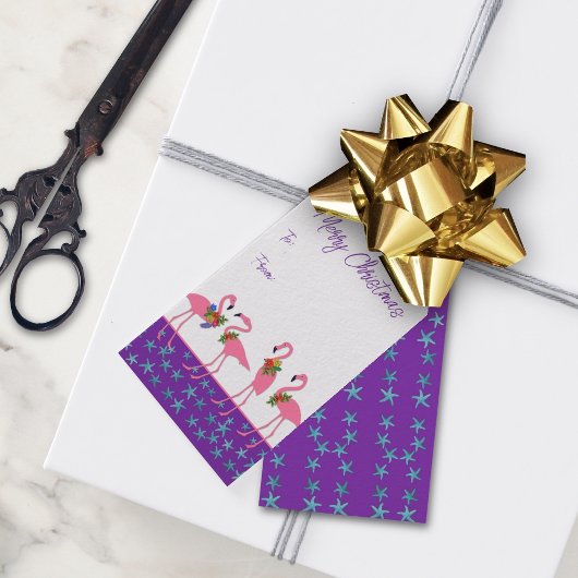Étiquettes-cadeau Joyeux Flamants roses de Noël Etoiles de mer