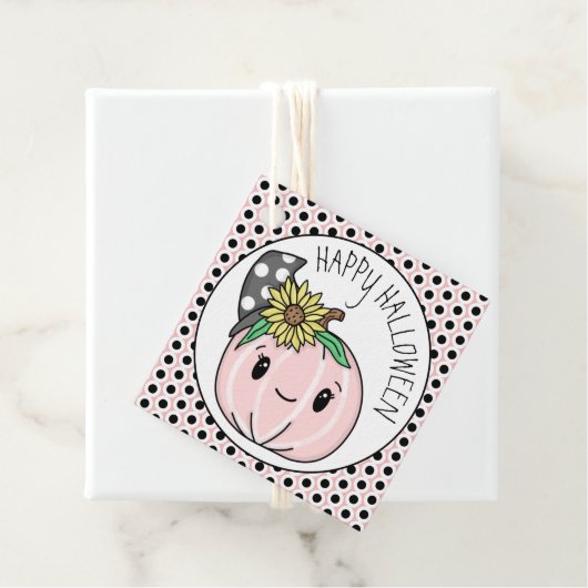 Étiquettes Cadeau Joyeux Halloween | Citrouille rose et Pois (En situation)