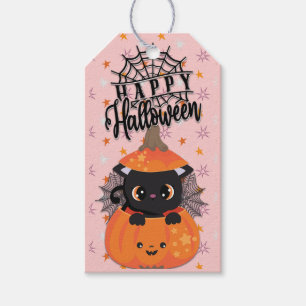 Étiquettes-cadeau Joyeux Halloween Kawaii Chat noir dans un Citrouil