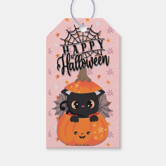 Étiquettes-cadeau Joyeux Halloween Kawaii Chat noir dans un Citrouil (Devant)