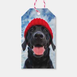 Étiquettes-cadeau Joyeux Labrador dans une Beanie rouge sous un ciel