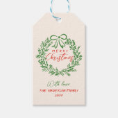 Étiquettes-cadeau Joyeux Noël à la main rouge rétro à ruban (Devant)