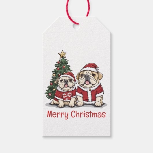 Étiquettes-cadeau Joyeux Noël anglais Bulldog Santa Hats (Devant)