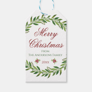 Étiquettes-cadeau Joyeux Noël Aquarelle famille Wreath