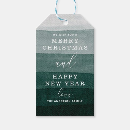 Étiquettes-cadeau Joyeux Noël. Aquarelle vert rayures modernes (Devant)