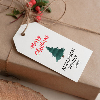 Étiquettes-cadeau Joyeux Noël avec texte rouge et arbre de Noël