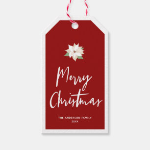 Étiquettes-cadeau Joyeux Noël blanc Poinsettia rouge