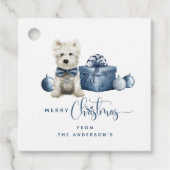 Étiquettes Cadeau Joyeux Noël Bleu, Blanc, Silver Festif Chiot (Devant)