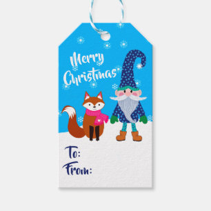 Étiquettes-cadeau Joyeux Noël Blue Gnome et mignon Fox Noël