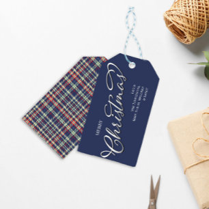 Étiquettes-cadeau Joyeux Noël Calligraphie Script Navy Blue Plaid