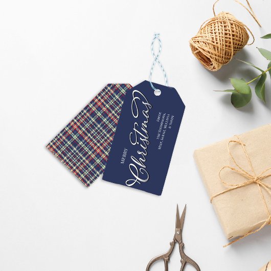 Étiquettes-cadeau Joyeux Noël Calligraphie Script Navy Blue Plaid