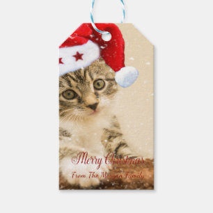 Étiquettes-cadeau Joyeux Noël,Chat avec chapeau de Père Noël
