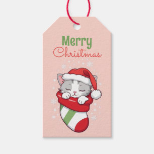 Étiquettes-cadeau Joyeux Noël - Chaton couché à Santa Hat