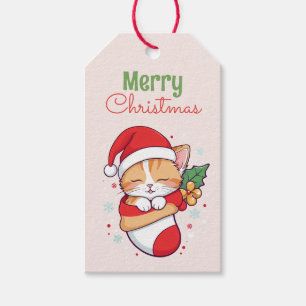 Étiquettes-cadeau Joyeux Noël - Chaton couché à Santa Hat