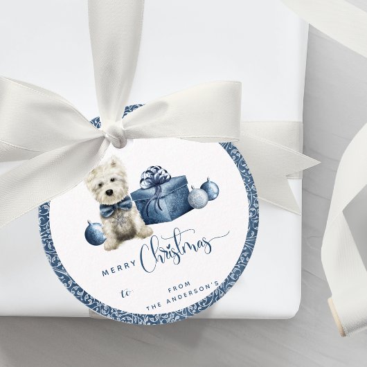 Étiquettes Cadeau Joyeux Noël, Chiot, Bleu et Argent