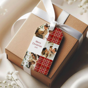 Étiquettes-cadeau Joyeux Noël Collage de photos à carreaux rouges cl
