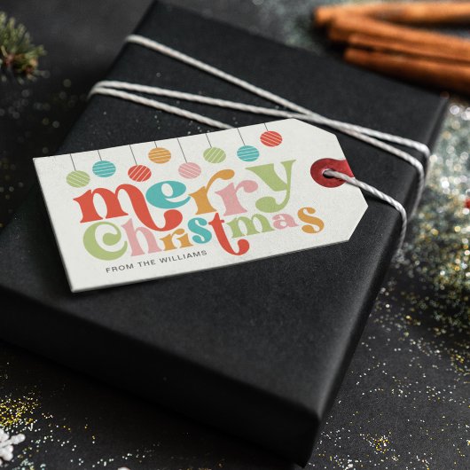 Étiquettes-cadeau Joyeux Noël coloré ornements rétro