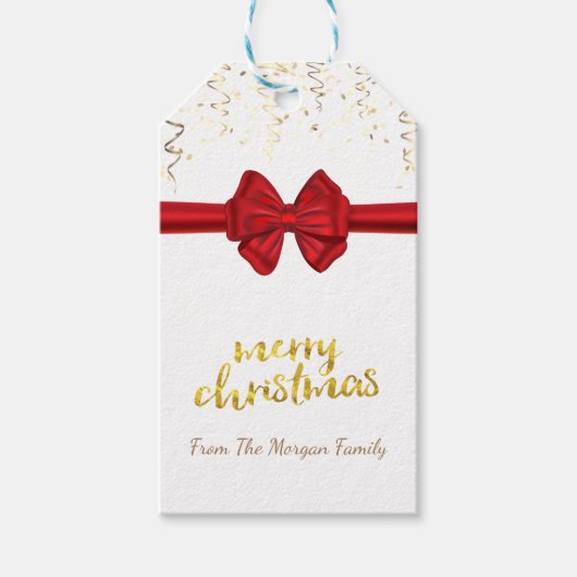 Étiquettes-cadeau Joyeux Noël, Confetti d'or, Bow rouge, Blanc (Devant)