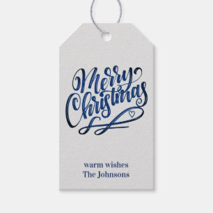 Étiquettes-cadeau Joyeux Noël Deep Blue Brush Script   Gris