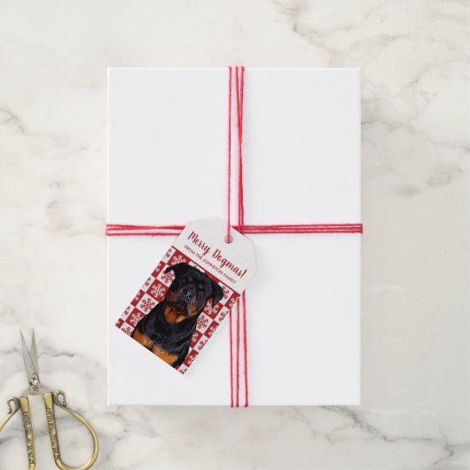 Étiquettes-cadeau Joyeux Noël Dogmas Rottweiler Rouge festif (Avec de la ficelle)
