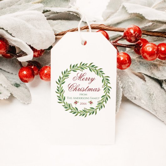 Étiquettes-cadeau Joyeux Noël Famille Wreath d'hiver