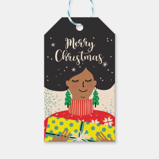 Étiquettes-cadeau Joyeux Noël, Femme noire, Chandail brillant (Devant)