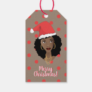 Étiquettes-cadeau Joyeux Noël! Femme noire, Santa Hat, Polka Dot