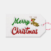 Étiquettes-cadeau Joyeux Noël Flying Reindeer rouge vert script (Devant (Horizontal))