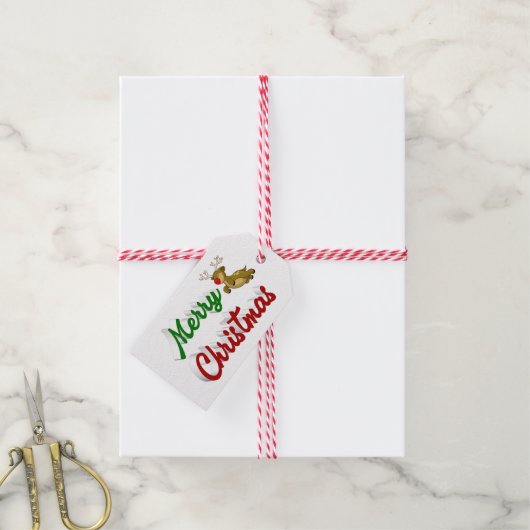 Étiquettes-cadeau Joyeux Noël Flying Reindeer rouge vert script (With Twine)