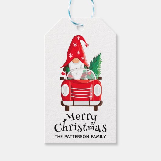 Étiquettes-cadeau Joyeux Noël mignonne Gnome Rouge Car Tree (Devant)