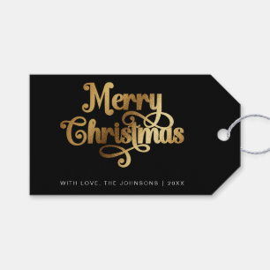 Étiquettes-cadeau Joyeux Noël minimaliste en or noir rétro chic