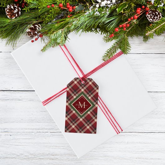 Étiquettes-cadeau Joyeux Noël Monogramme Rouge Plaid Noël