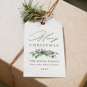 Étiquettes-cadeau Joyeux Noël Nom de Famille Rustique avec Verdure