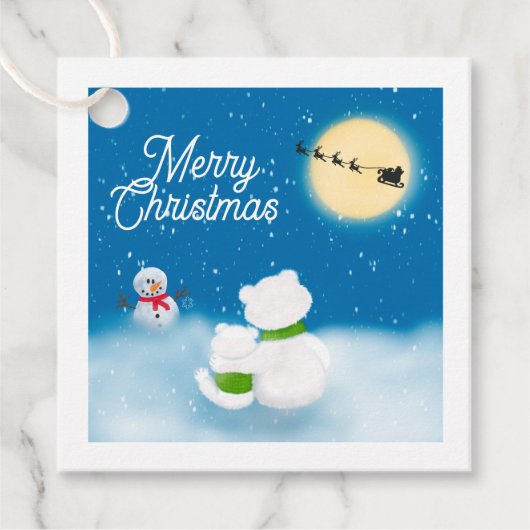 Étiquettes Cadeau Joyeux Noël Ours Polaire & Cub Nuit Neige (Devant)