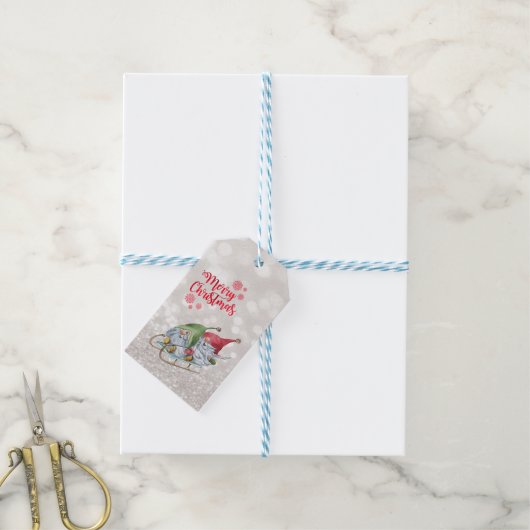 Étiquettes-cadeau Joyeux Noël, Parties scintillant Bokeh, Gnomes mig (Avec de laficelle)