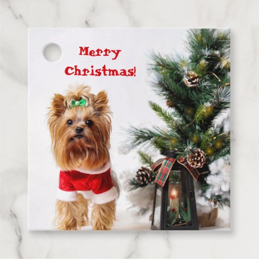 Étiquettes Cadeau Joyeux Noël Père Noël Yorkie avec arbre de Noël (Devant)