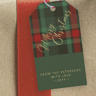 Étiquettes-cadeau Joyeux Noël plaid rouge vert or script