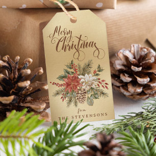 Étiquettes-cadeau Joyeux Noël Poinsettia Faux Gold Holiday
